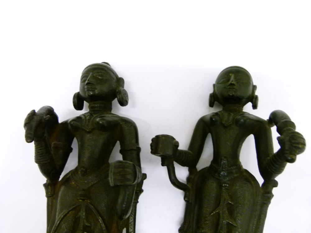 Pair of 18th or 19th Century Indian bronze figures, each modelled as an attendant with top-knot - Image 7 of 7