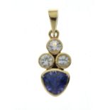 Tanzanite and diamond pendant, unmarked, the triangular cut tanzanite with a trio of brilliant