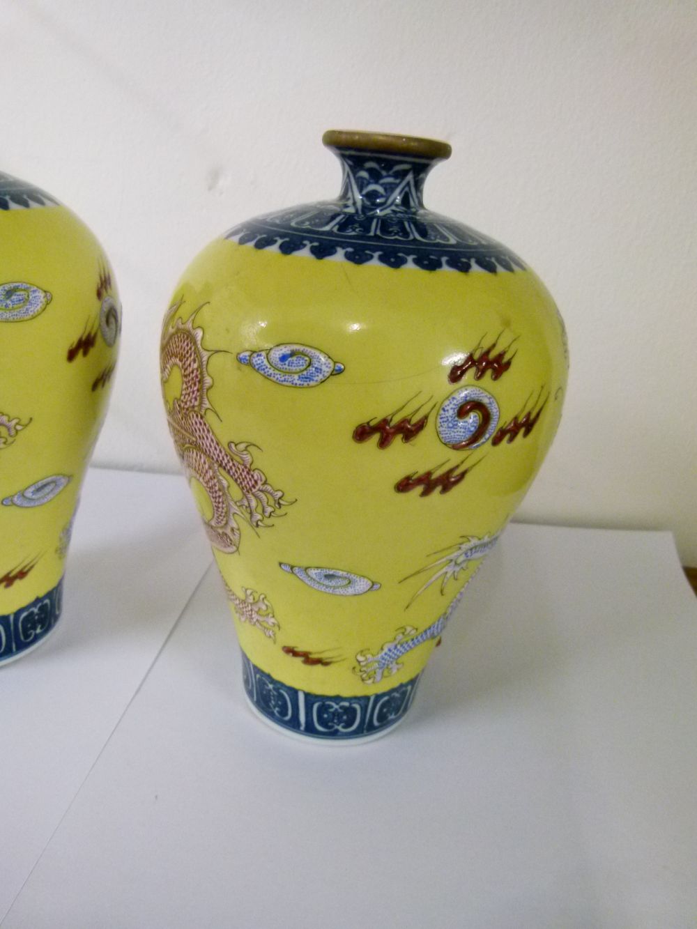 Pair of Chinese porcelain yellow ground Meiping vases, each finely decorated in shallow relief - Image 4 of 7