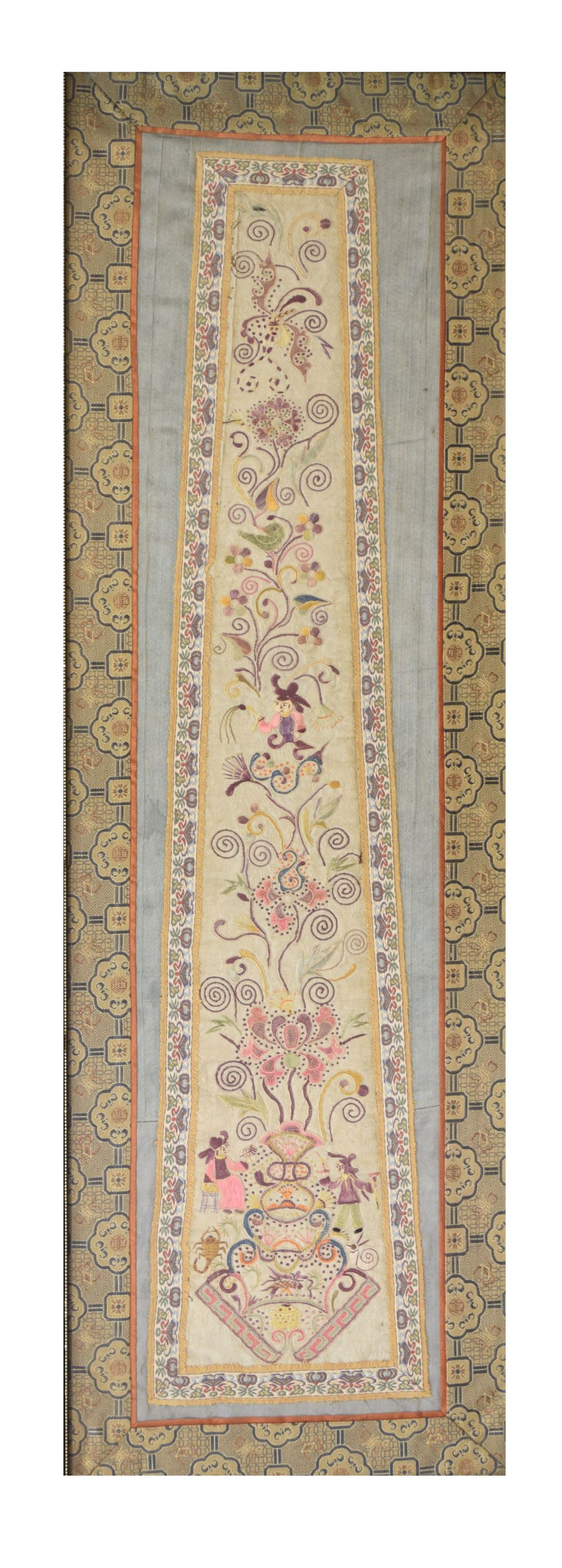 Chinese late Qing Dynasty silk sleeve panel, of broadening design with butterflies, figures, and