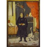 18th Century reverse glass painting - Portrait of Martin Luther in his study, depicted with swan,