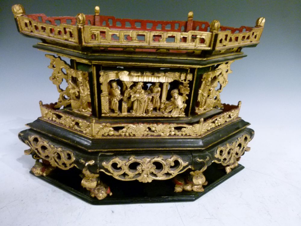 Late 19th or early 20th Century Chinese black lacquer and gilt model of a pagoda or pavilion, with - Image 7 of 11