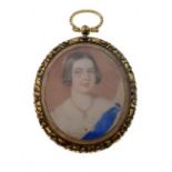 Early Victorian portrait miniature, seemingly unsigned, under glass to a gilt metal oval frame