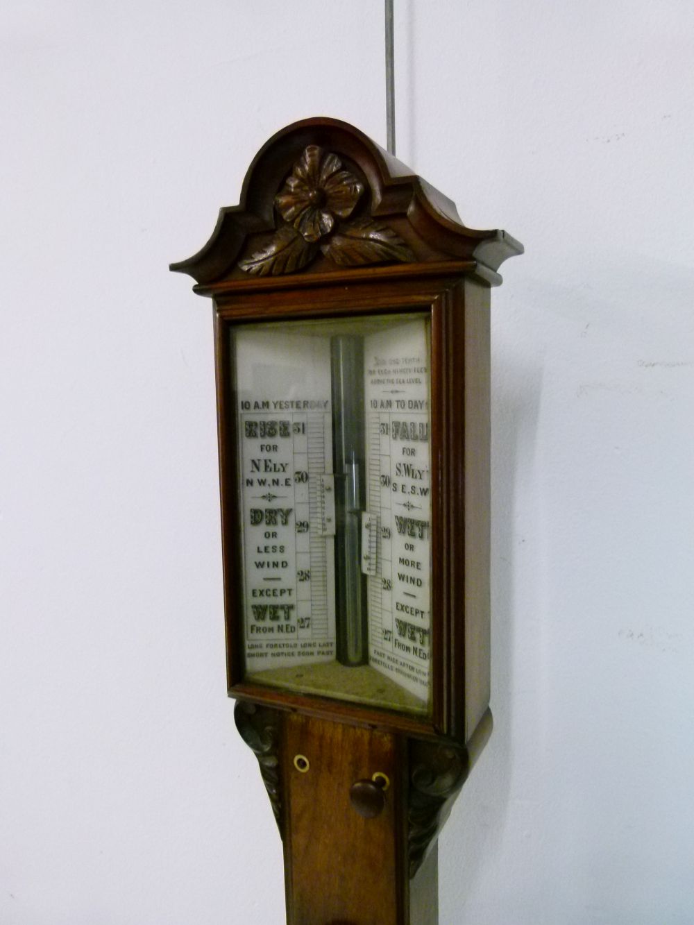 Late Victorian carved walnut stick barometer, anonymous, the white ceramic scale printed for 10am - Image 2 of 8