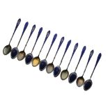 Set of twelve white metal and enamel demi-tasse coffee spoons, marked 925, 10.5cm long, 145g