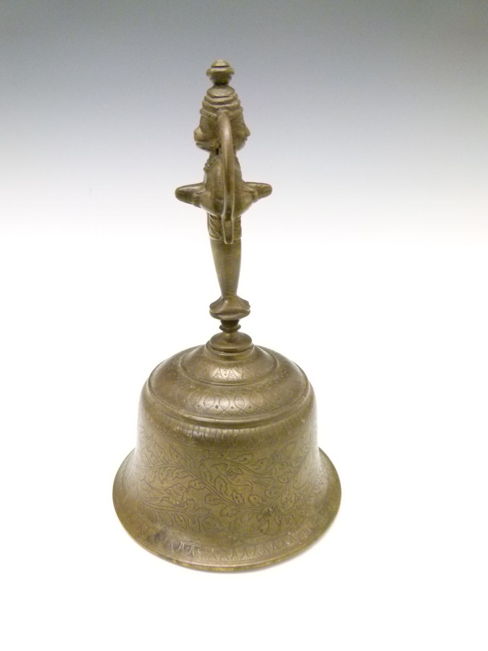 Indian bronze or brass alloy bell, the handle cast as the deity Rama and his devotee Hanuman, the - Image 2 of 8