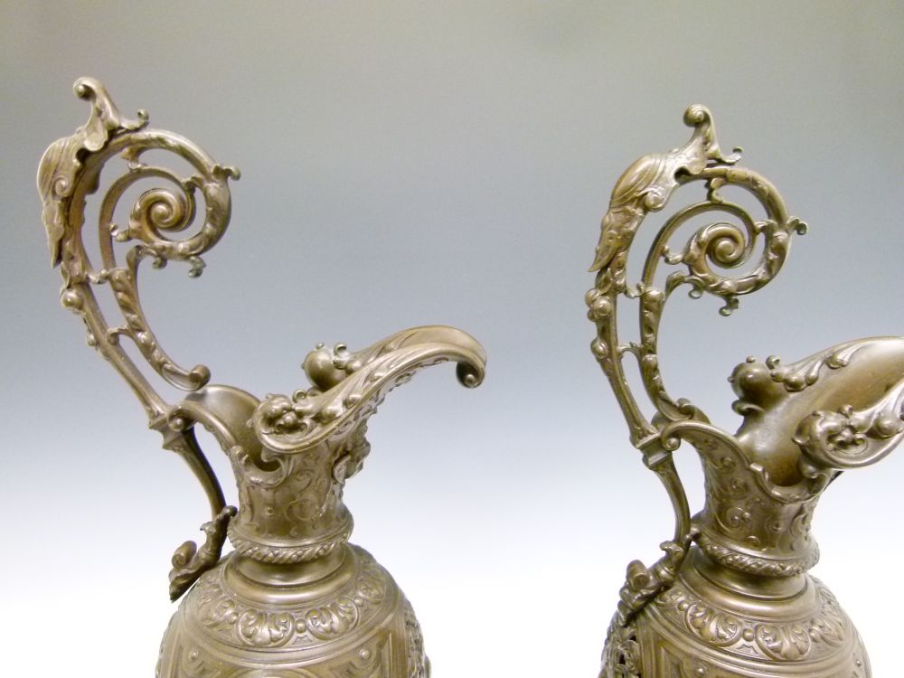 Pair of Renaissance Art revival patinated bronze ewers, each of pierced ovoid form with scroll - Image 5 of 9