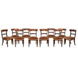 Set of ten mid 19th Century mahogany dining chairs, each with curved bar top rail and mid rail on