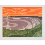 John Brunsdon - Limited edition coloured lithograph - 'Sunset over Chesil', No.66/100, signed in