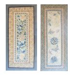 Chinese silk sleeve panel, decorated with butterflies hovering amidst flowering plants, 61.5cm x