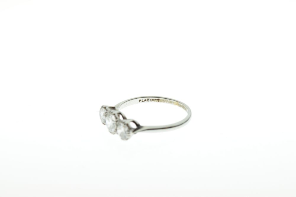 Three stone diamond ring, the white mount stamped 'Plat 18ct', the graduated brilliant cuts of - Image 5 of 6