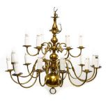 Dutch-style brass eighteen-branch chandelier or electrolier, having an upper register of six