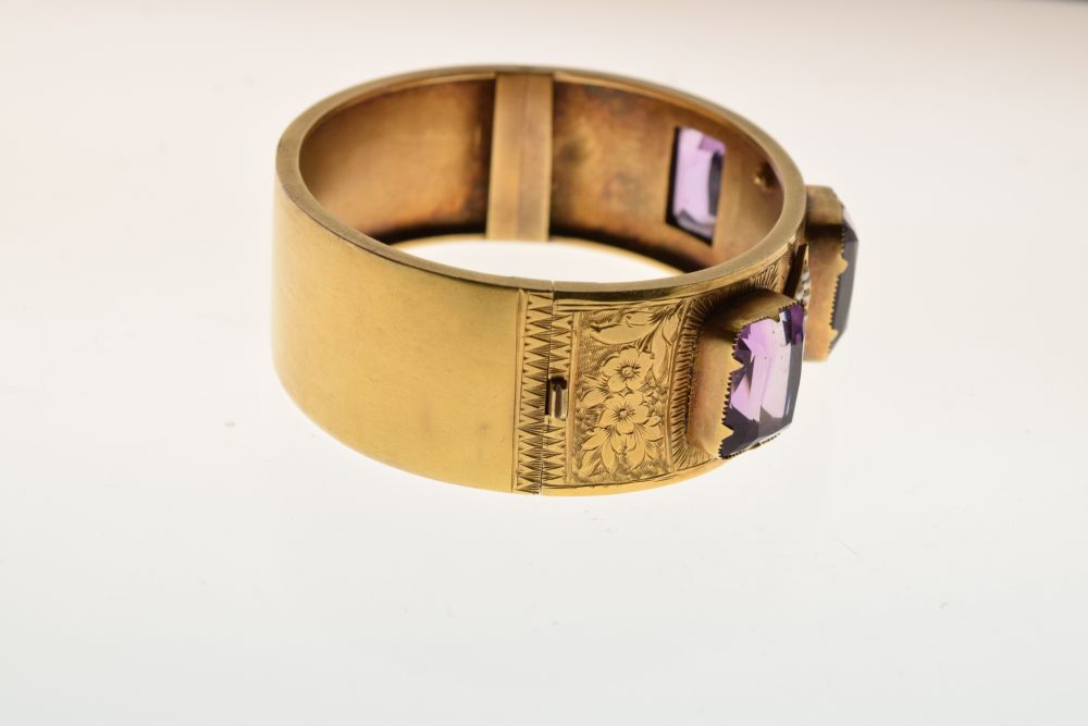 Late 19th Century hinged bangle, unmarked gold, the three rectangular cut stones with seed pearl set - Image 4 of 6