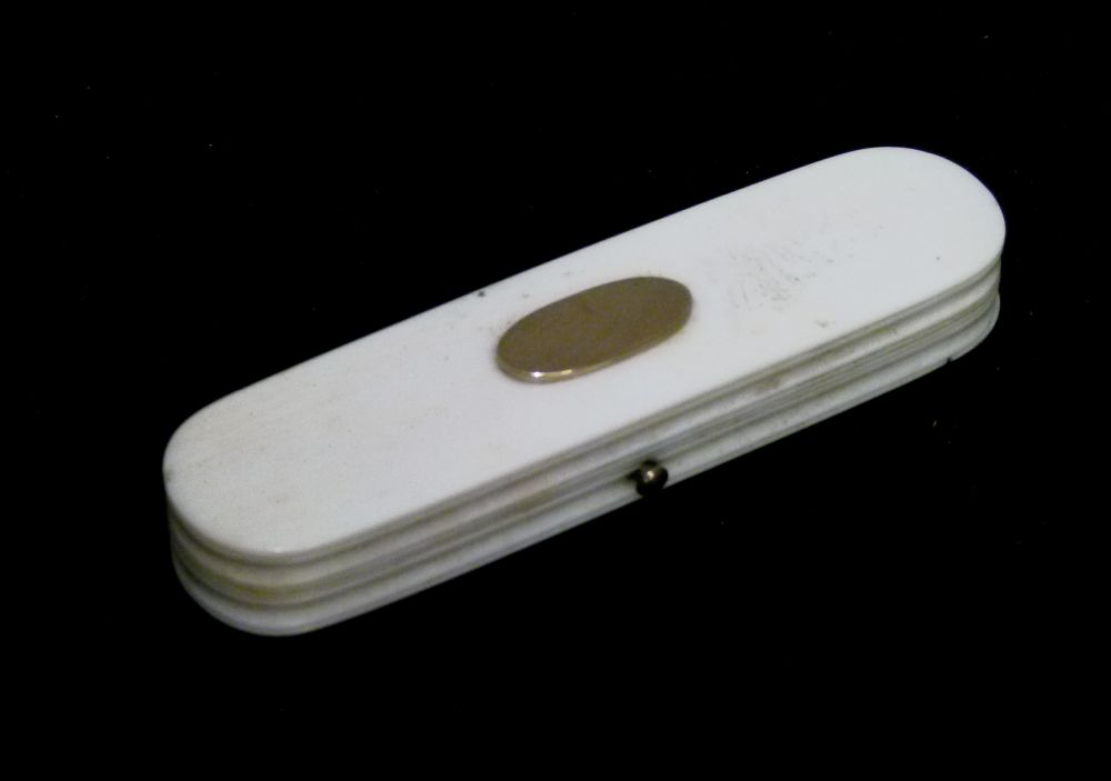 Late 18th/early 19th Century ivory patch box, of rounded oblong form with unmarked yellow metal