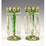 Pair of late 19th Century Bohemian overlay (white on green) glass table lustres, of typical