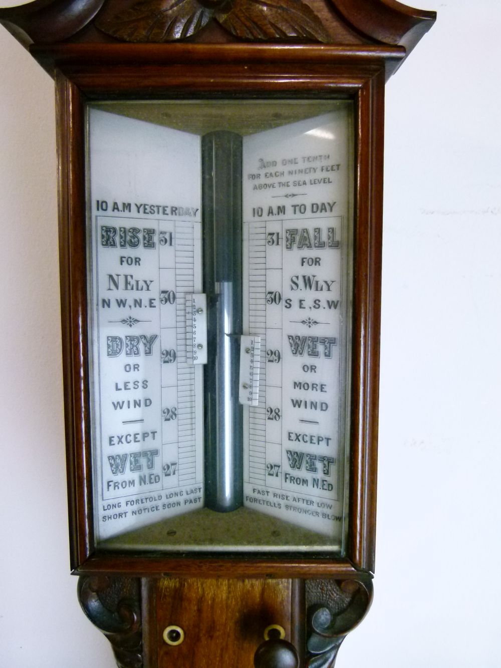 Late Victorian carved walnut stick barometer, anonymous, the white ceramic scale printed for 10am - Image 5 of 8