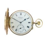 J.W.Benson, London - 9ct gold hunter pocket watch, the signed white enamel dial with black Roman