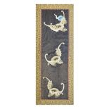 Chinese silk sleeve panel, worked in silver-coloured thread with three bats (Fu), 54cm x 16.5cm