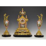 Fine 19th Century French porcelain-mounted gilt brass and bronze three piece mantel clock garniture,