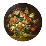19th Century oil on copper - Still-life of flowers, unsigned, 17.5cm diameter within a gilt frame