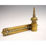 Middle Eastern (Persian) brass Qalamdan or scribe's pen case, the screw-fitting ink bottle with