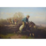 19th Century English School - Oil on board - Apple Scrumping, figure on a donkey fleeing the scene