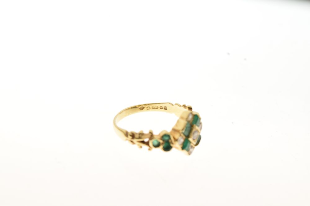 Diamond and emerald 18ct gold dress ring, the square head set with five Swiss cut diamonds and - Image 5 of 6