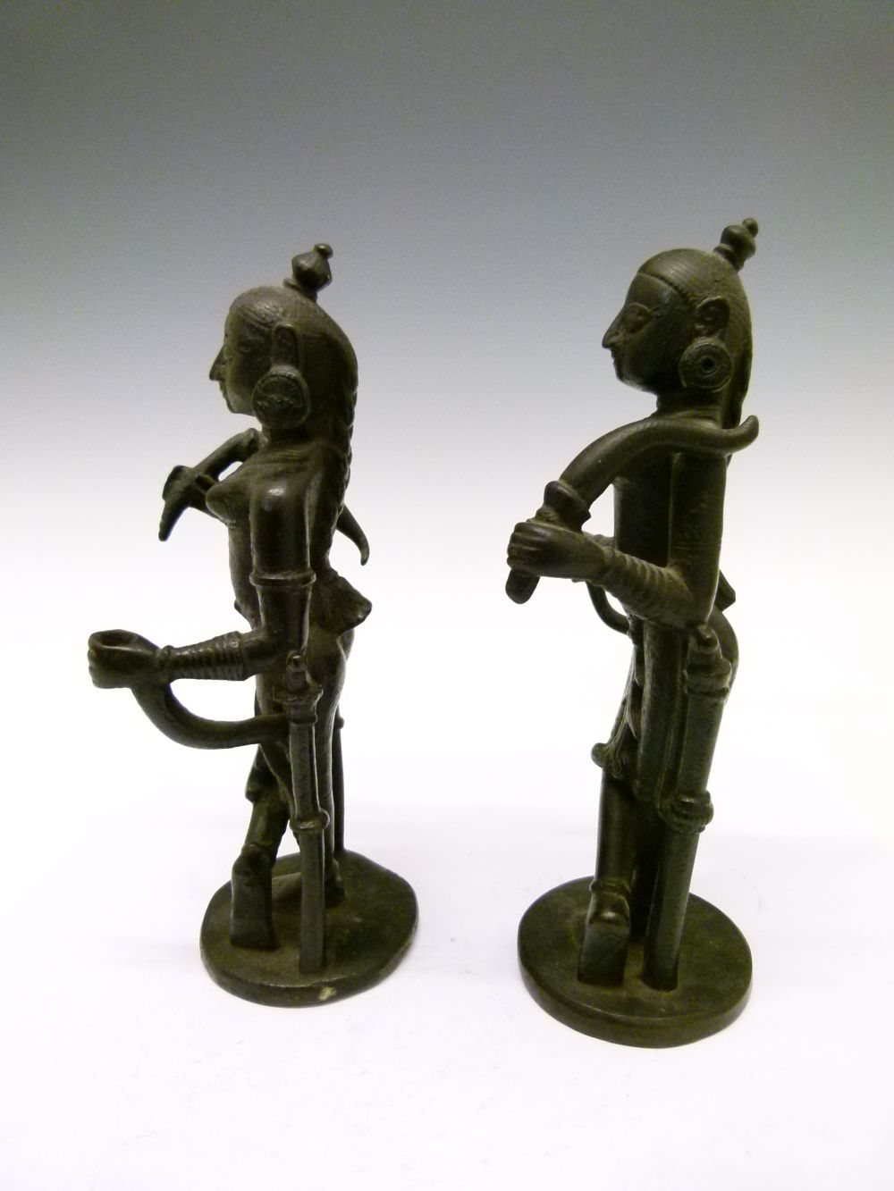 Pair of 18th or 19th Century Indian bronze figures, each modelled as an attendant with top-knot - Image 5 of 7