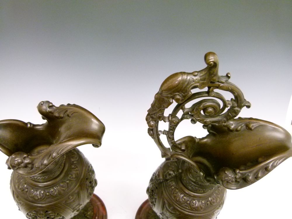 Pair of Renaissance Art revival patinated bronze ewers, each of pierced ovoid form with scroll - Image 6 of 9