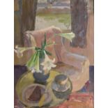 Mary Potter (1900-1981) - Oil on canvas - Still-life - Vase of lilies and armchair before a