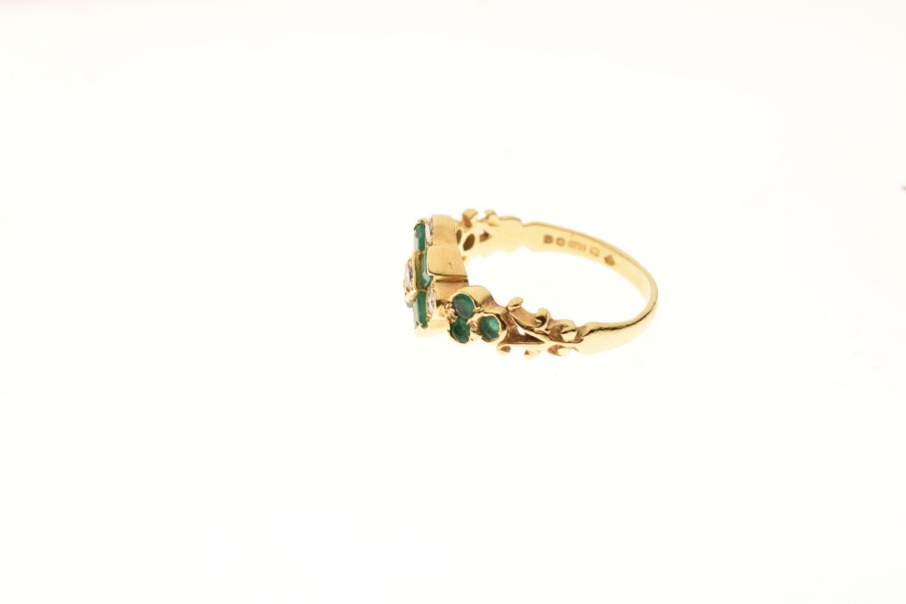 Diamond and emerald 18ct gold dress ring, the square head set with five Swiss cut diamonds and - Image 2 of 6