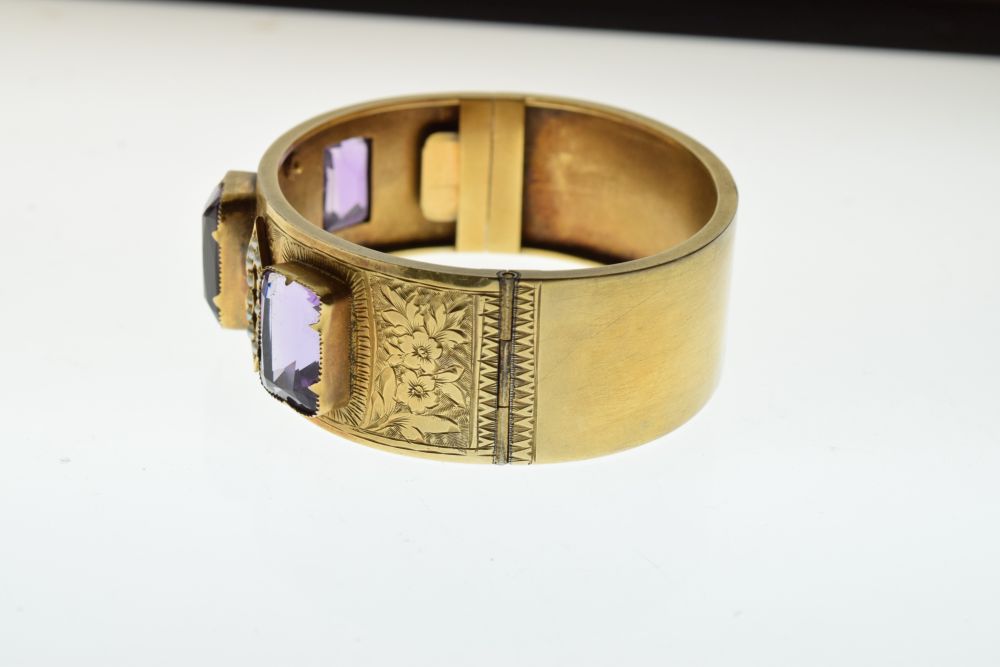 Late 19th Century hinged bangle, unmarked gold, the three rectangular cut stones with seed pearl set - Image 2 of 6