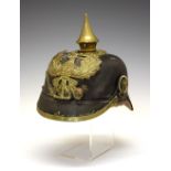Prussian Other Ranks pickelhaube helmet, the black leather skull with brass fittings including spike