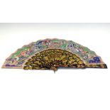 19th Century Chinese Canton black-lacquered fan, decorated in watercolour and mother-of-pearl with