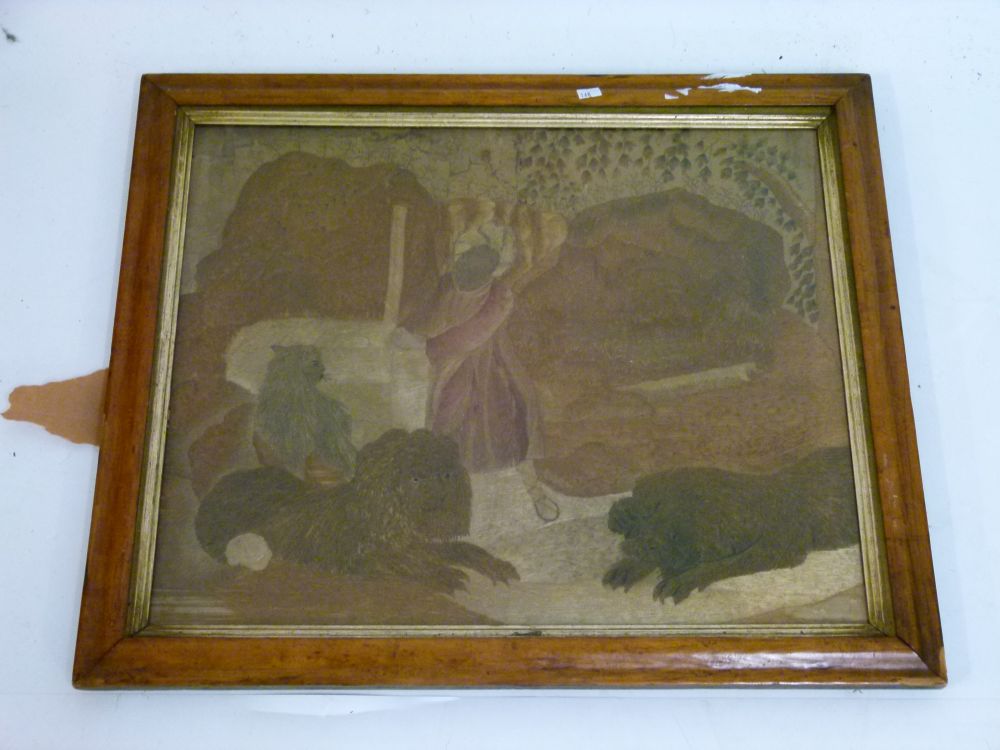 Early 19th Century silk work picture depicting Daniel in the Lion's Den, 46cm x 56cm, in gilt slip - Image 2 of 11