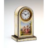 Early 20th Century Continental enamel desk timepiece, the 28mm white enamel Arabic dial with gilt