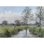 John Cyril Harrison (1898-1985) - Watercolour - Lowland landscape of The River Test, Hampshire, sign