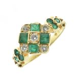 Diamond and emerald 18ct gold dress ring, the square head set with five Swiss cut diamonds and