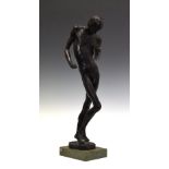 British School (mid to late 20th Century) - Patinated bronze figure of a boy on a stepping stone,