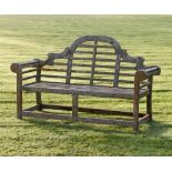 Modern teak garden bench, after a design by Sir Edwin Lutyens, retail plaque of 'Sterling Plantation