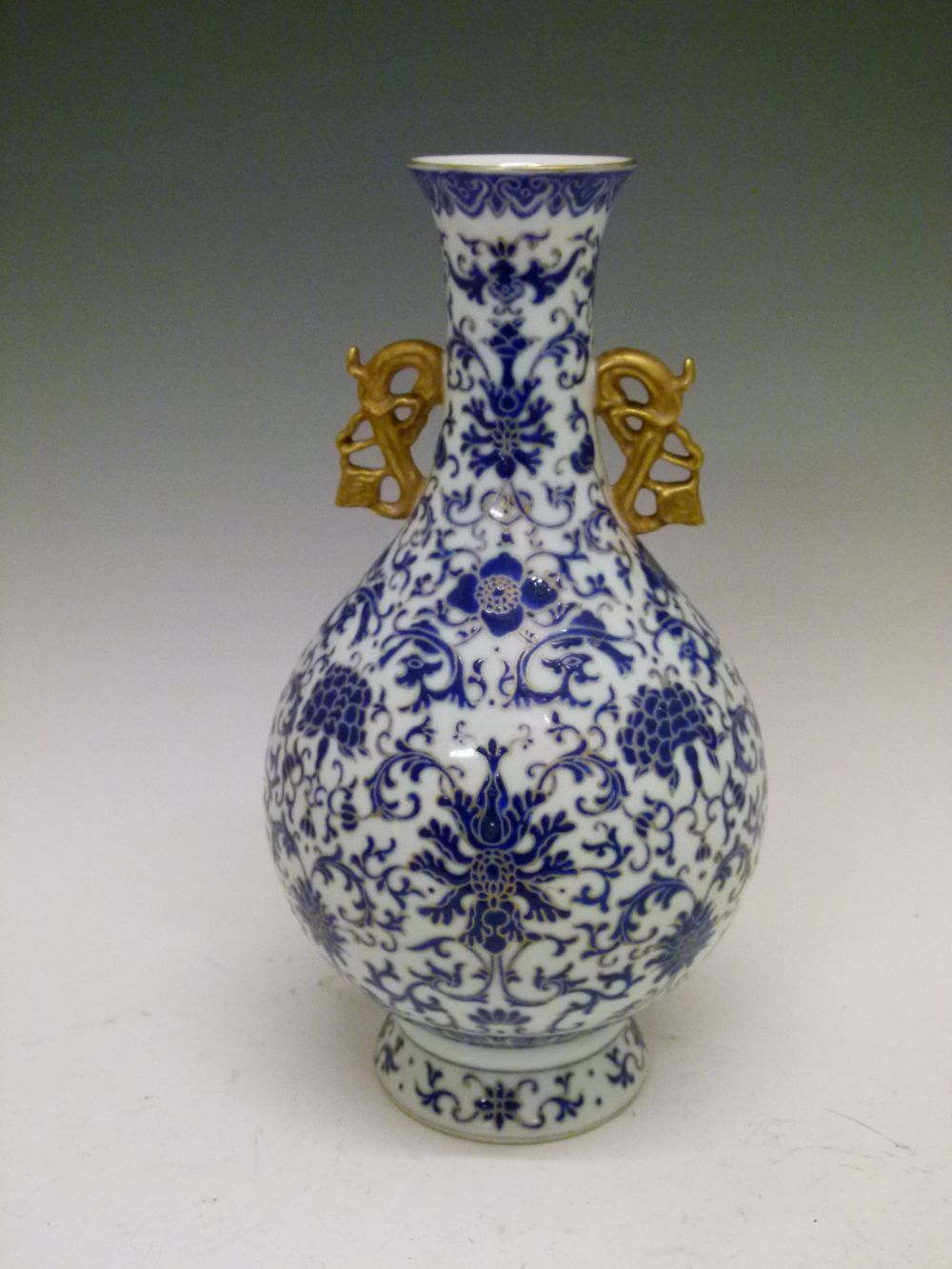 Chinese porcelain vase, of bulbous form with gilt handles and Royal blue enamel Ming-style floral - Image 2 of 10