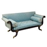 Good quality Regency ebonised double scroll-end settee or sofa, the padded straight back between
