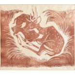 Kathleen Hale OBE (1898-2000) - Lino cut print - Stag and Doe resting, signed in pencil lower right,
