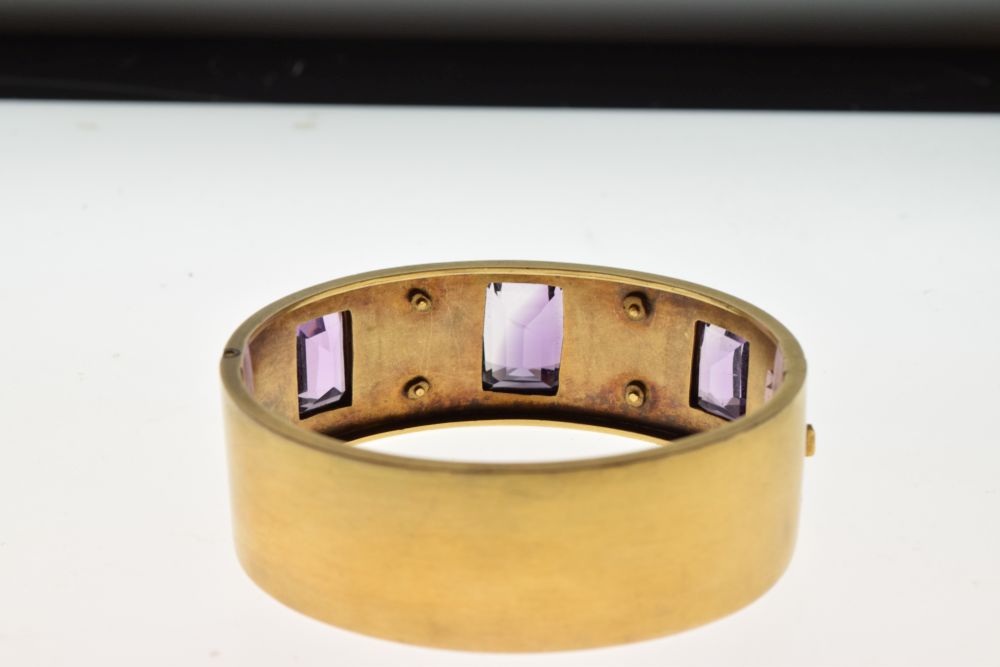 Late 19th Century hinged bangle, unmarked gold, the three rectangular cut stones with seed pearl set - Image 3 of 6