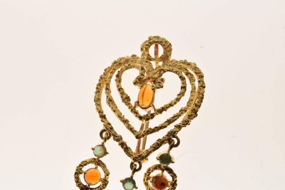 Citrine and green tourmaline heart shaped pendant brooch, tagged '750', 5cm long, 11g gross - Image 2 of 8