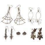 Collection of four pairs of Jane Watling silver earrings, all from the 1990's; and a pair of