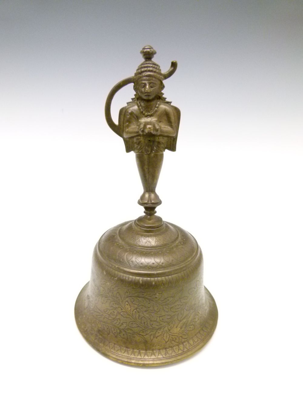 Indian bronze or brass alloy bell, the handle cast as the deity Rama and his devotee Hanuman, the - Image 3 of 8