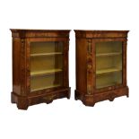 Pair of late Victorian inlaid walnut side or pier cabinets, each of canted breakfront form, the