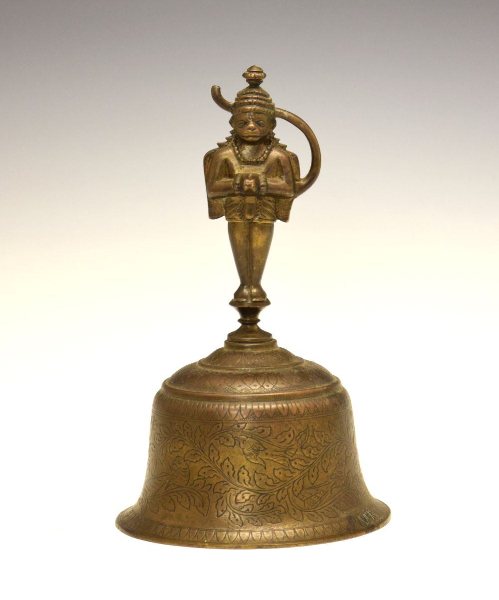 Indian bronze or brass alloy bell, the handle cast as the deity Rama and his devotee Hanuman, the