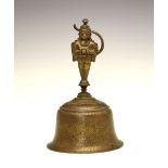Indian bronze or brass alloy bell, the handle cast as the deity Rama and his devotee Hanuman, the